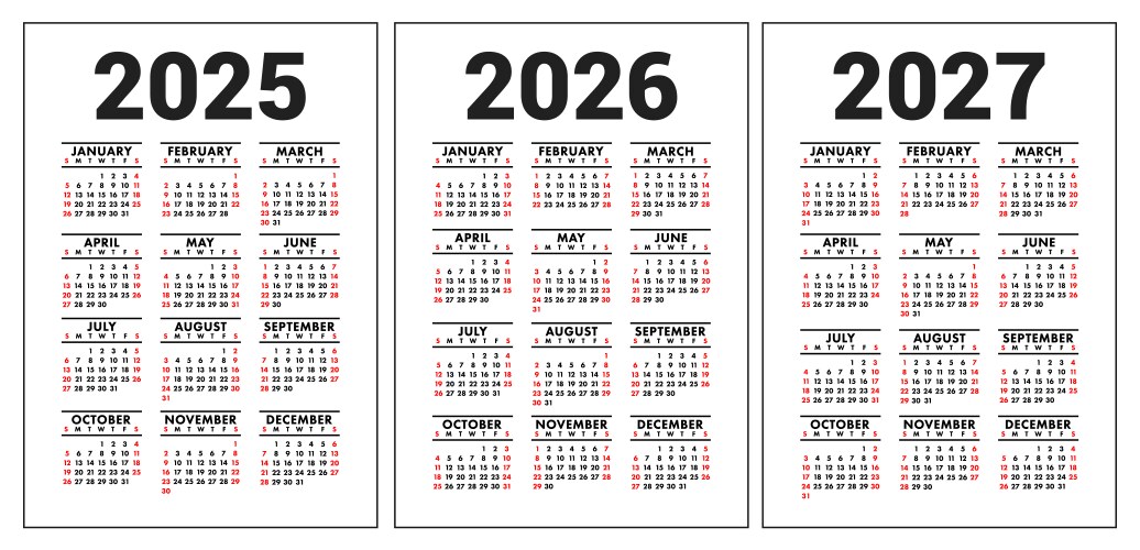 Calendar 2025 2026 and 2027 english set vector image