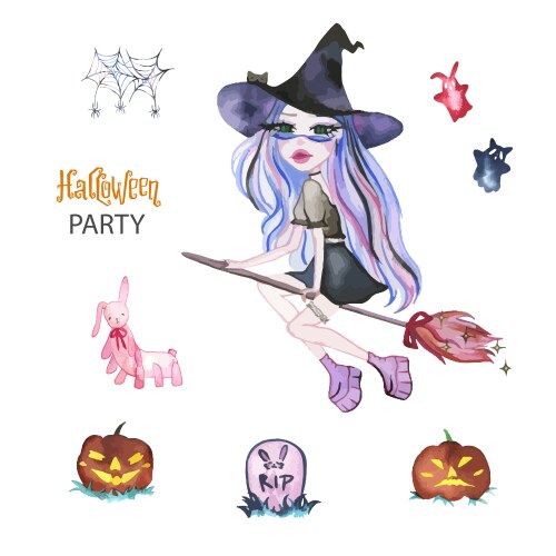 Watercolor Witch Halloween Set Vector Image