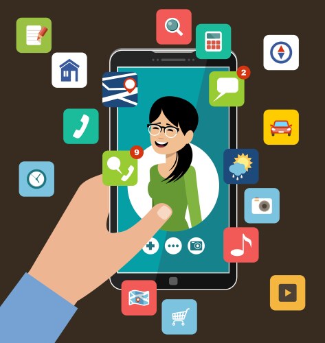 Hand holding phone with womans profile online vector image