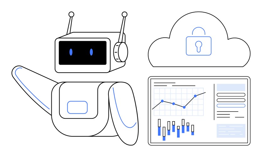 Robot analyzing data with graphs and secured cloud vector image