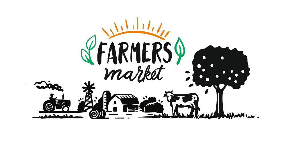 farm with cow tree and house farmer market text vector image