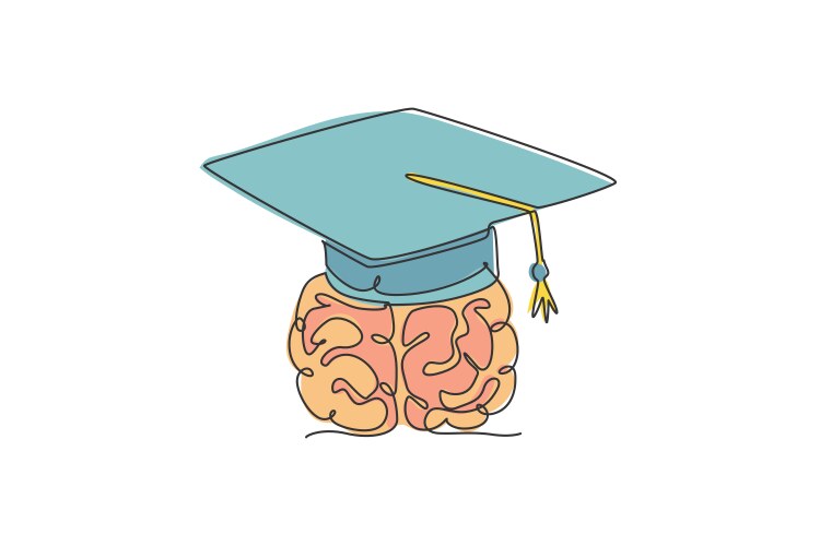 Brain with Graduation Cap - Line Art Vector Image