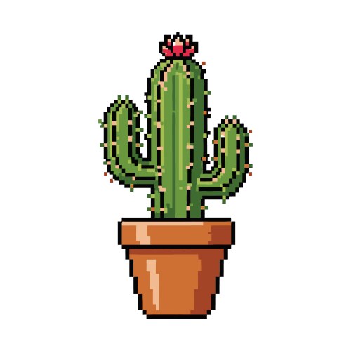 Retro Pixel Cactus with Pink Flower Vector Image
