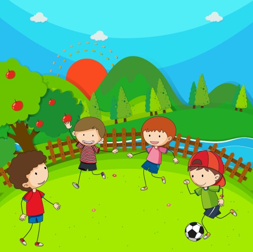 four children playing football in the park vector