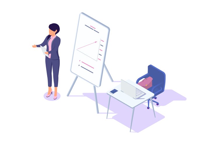 Isometric 3d young businesswoman presentation vector image