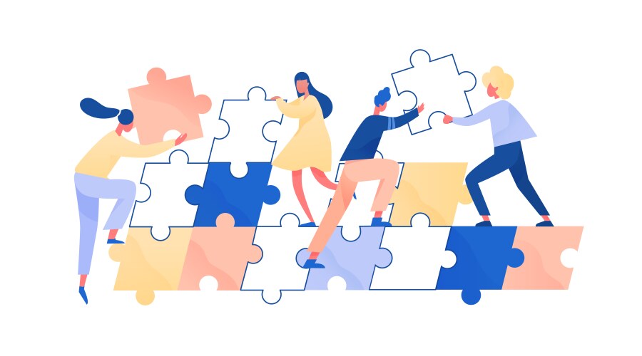 people assembling giant jigsaw puzzle together vector image