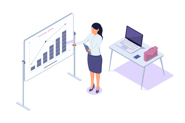 isometric 3d young businesswoman presentation vector