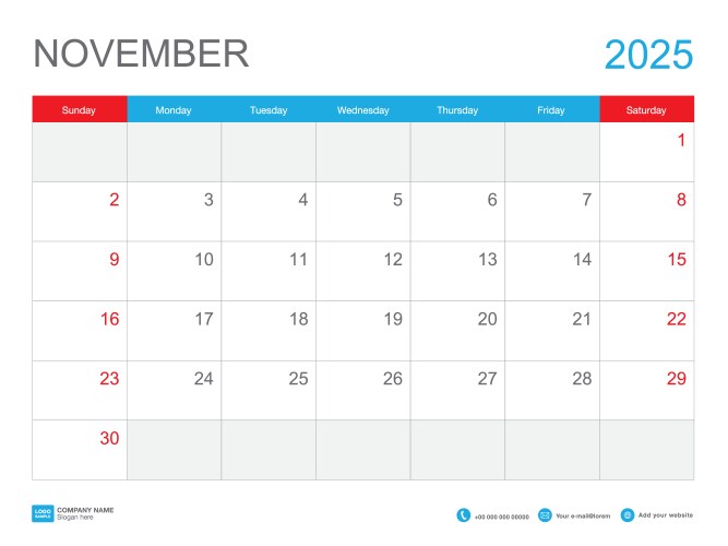 Desk calender 2025 design november template Vector Image