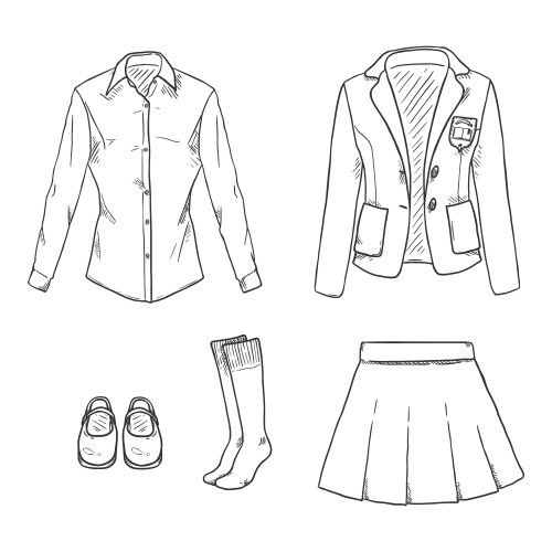 set sketch school girl uniform items vector image