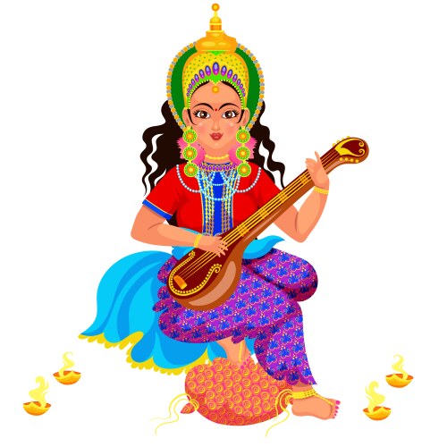Saraswati Goddess with Veena - Diwali Vector Image