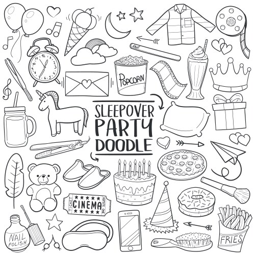 Sleepover party doodle icons line art image Vector Image