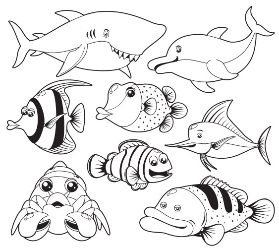 fish sea black and white set vector image vector image