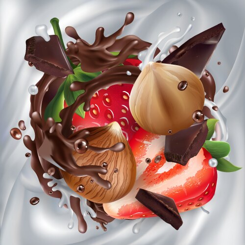 Raspberries with chocolate pieces and a splash Vector Image