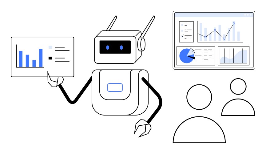 Robot analyzing and presenting data with graphs vector image