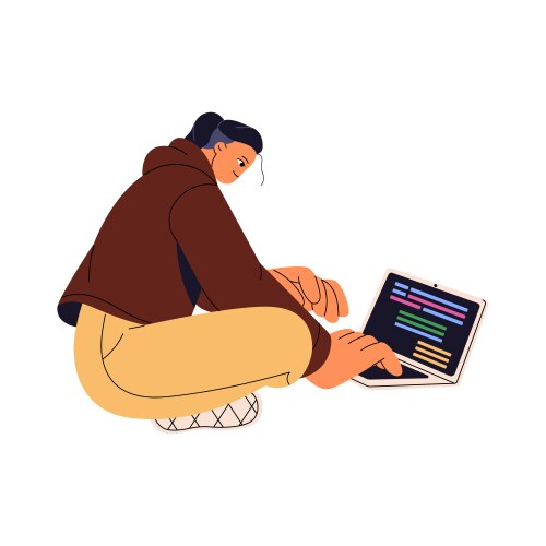 Coder working on laptop freelance programmer vektorbild
