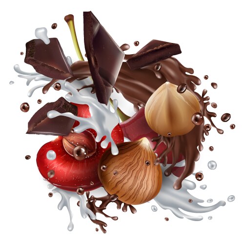 Raspberries with chocolate pieces and a splash Vector Image
