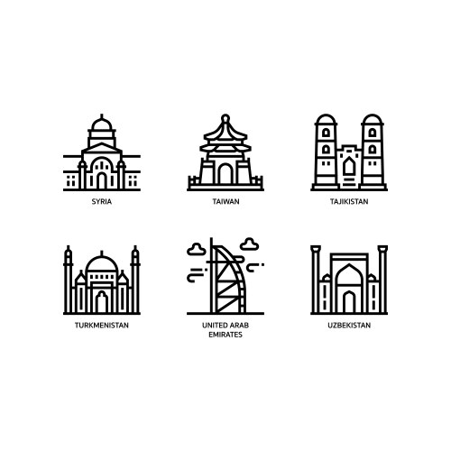 asian cities and counties landmarks icons set 6 vector image