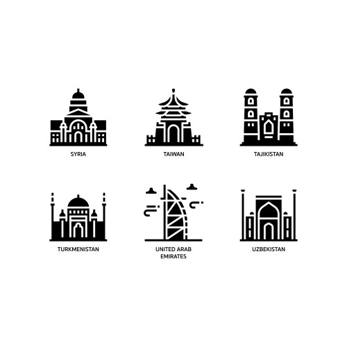 asian cities and counties landmarks icons set 6 vector image