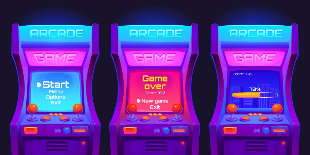 retro arcade video game machine with neon lights vector