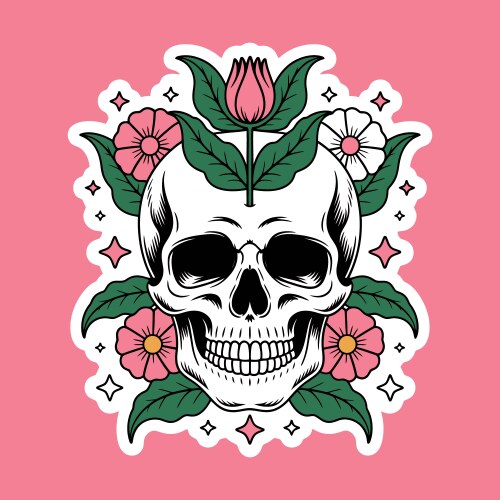 Floral skull with pink flowers and leaves Vector Image