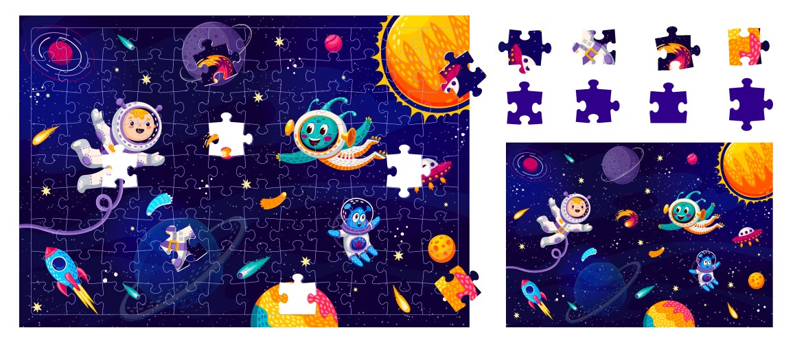 Jigsaw puzzle game with funny alien and astronaut vector image