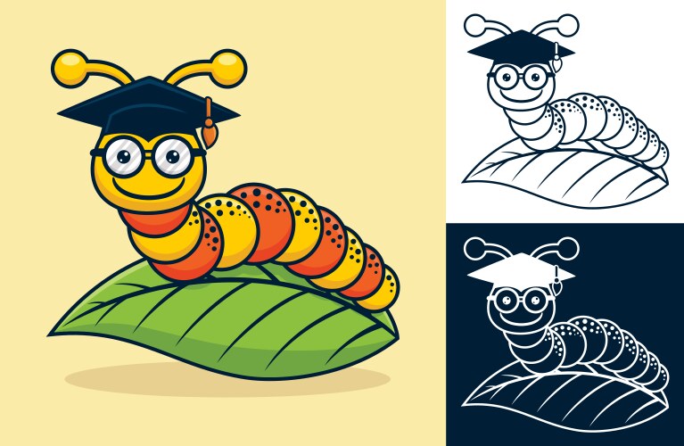 Funny caterpillar wearing graduation hat on leaf Vector Image