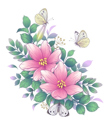 Pink Flowers & Butterflies Vector Image