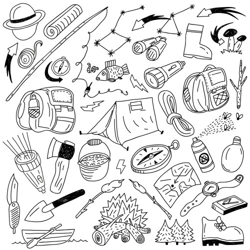 Camping Icons - Sketch Doodle Set Vector Image
