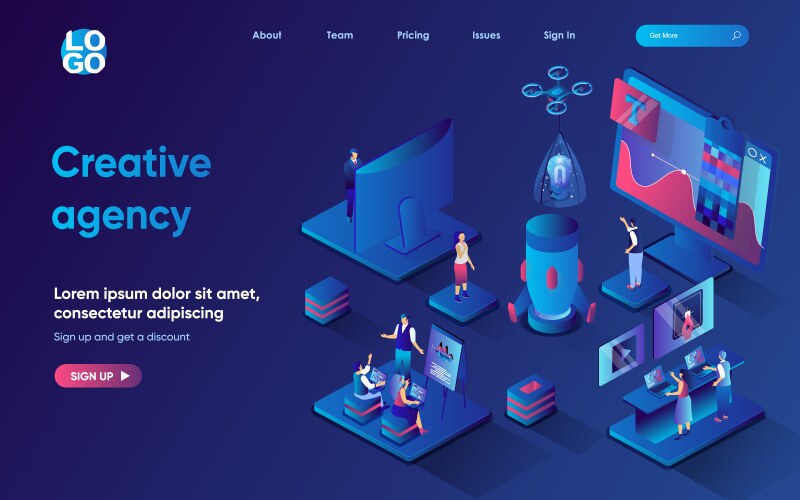 Creative agency concept 3d isometric web landing vector image