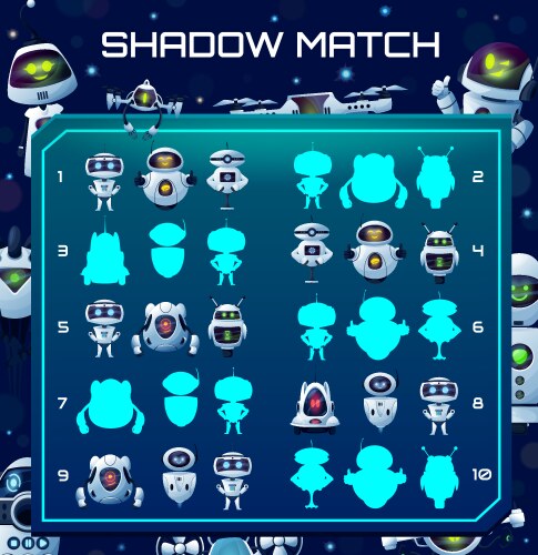 Robots shadow match kids game with cartoon cyborgs vector image