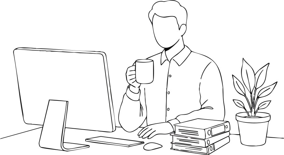Man working at desk drinking coffee with computer vector image