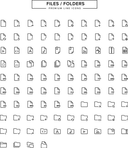 Line Icons: Files & Folders Vector Image