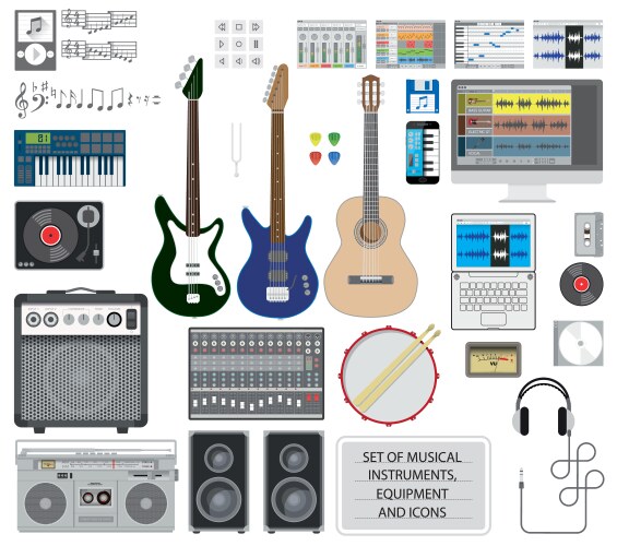 Music studio room items isolated icons set Vector Image