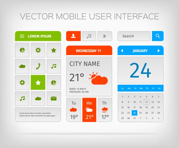 Set of mobile user interface and icons for app vector image