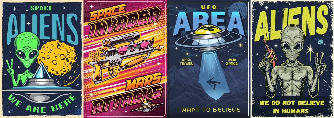 Space aliens vintage flyer monochrome Royalty Free Vector