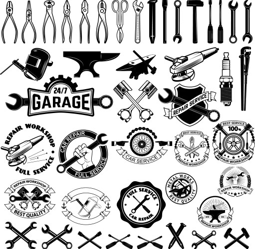 Set of repair service workshop labels and design Vector Image