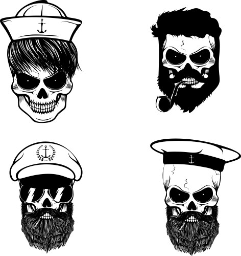 Set of sailors skulls with beard and hair Vector Image