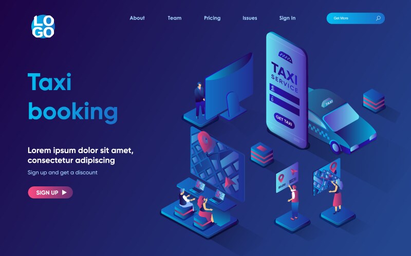 taxi booking concept 3d isometric web landing page vector image