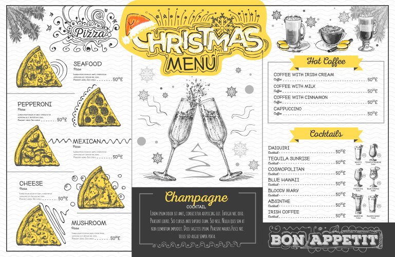 holiday christmas menu design with champagne vector image