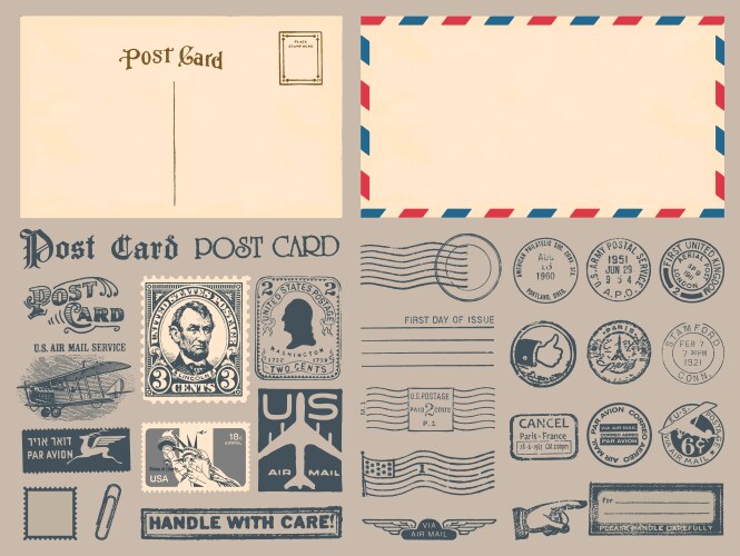コレクション ANTIQUE STAMPS/POSTCARDS Old Style Distressed Postcards Post Stamps Stock Vector