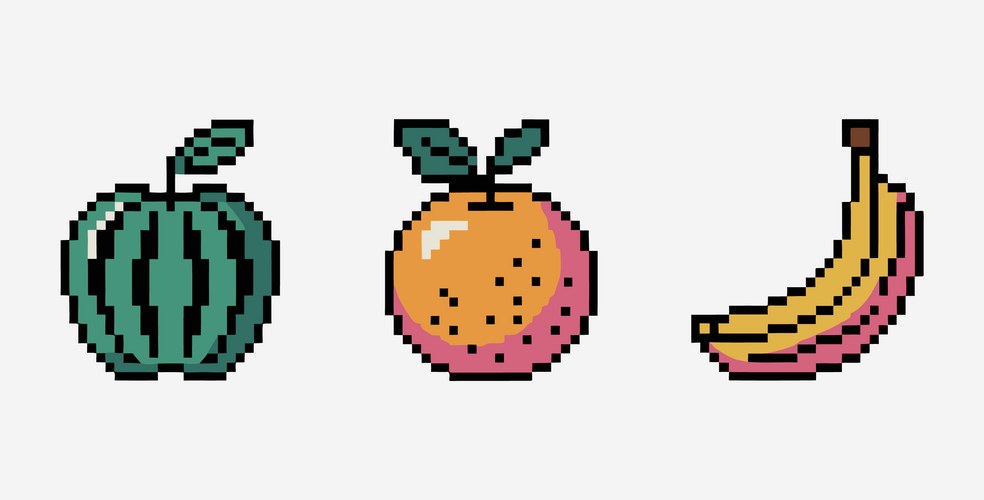 Pixel Fruit Collection - Apple, Orange, Banana Vector Image