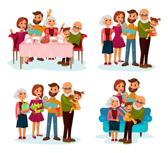 family at dinner table on sofa and with gifts vector