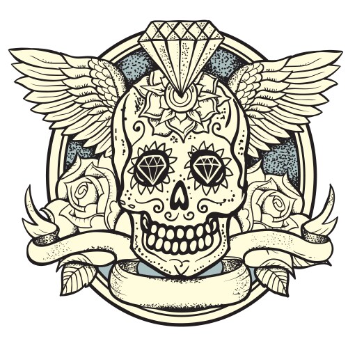 Sugar Skull with Roses and Diamonds Vector Image