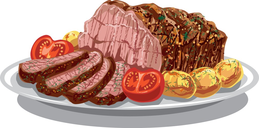 roastbeef with baked potatoes vector