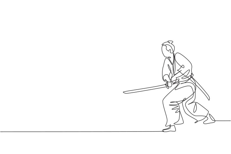 Young Samurai Warrior - Single Line Art Vector Image