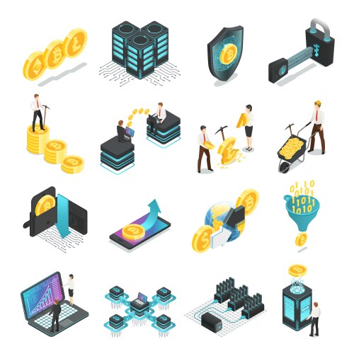 Cryptocurrency blockchain isometric icons Vector Image