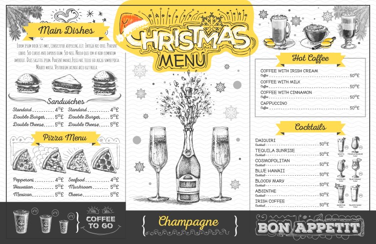 Holiday christmas menu design with champagne vector image