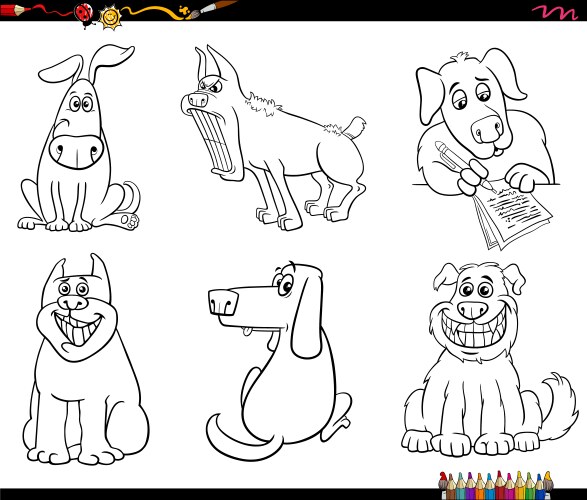 cartoon dogs animal characters set coloring page vector