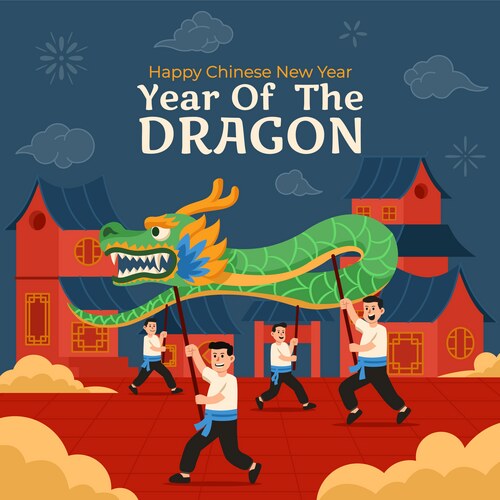 Performing dragon dance at chinatown Vector Image