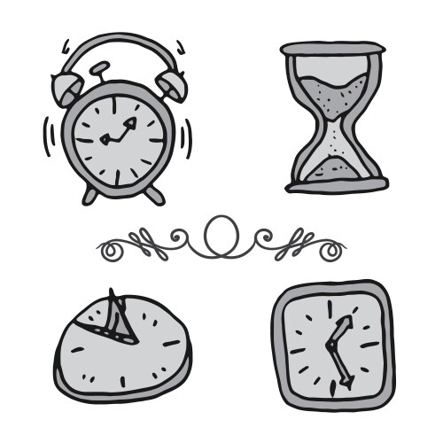 Hand drawn set doodle clocks and watches vector image